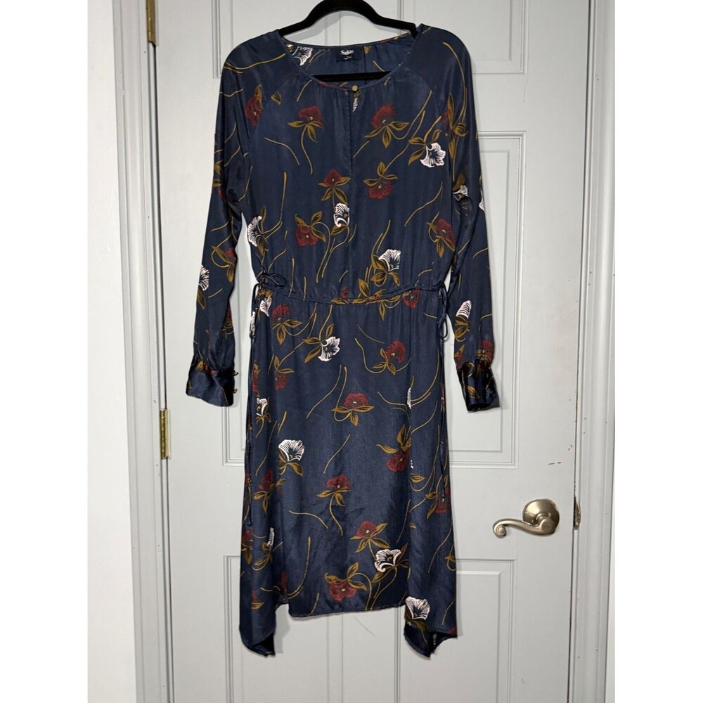 Sabie Navy Floral Long-Sleeve Tie-Waist Dress with Rust Accents